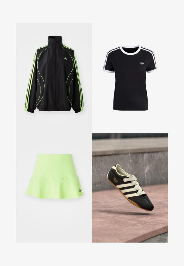 adidas Originals TEAMGEIST ADICOLOR - Overgangsjakke - black/signal green; Sort kortærmet t-shirt med hvide detaljer, rund halsudskæring og tre hvide striber på hver skulder. Har en lille logo på brystet.; adidas Originals SKIRT - Mini skirts - signal green; Sort atletiksko med cremefarvede striber og snørebånd, med lav profil, glat tekstur og gummisål for godt greb. Mærkeetiket synlig.