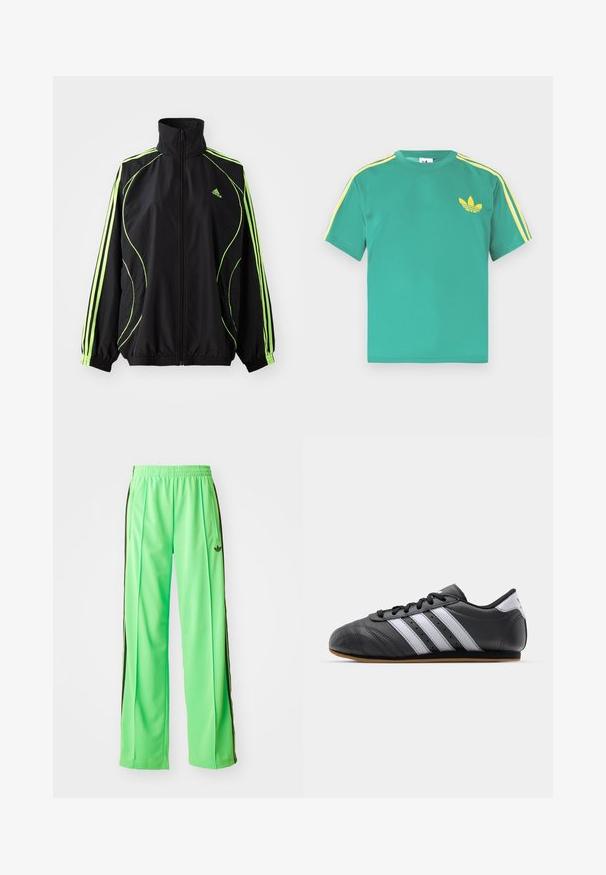 adidas Originals TEAMGEIST ADICOLOR - Ľahká bunda - black/signal green; Zelené bavlnené tričko s krátkymi rukávmi, s žltými pruhmi pozdĺž ramien a vyšívaným trojlístkovým logom na hrudi.; Zelené športové nohavice z hladkého, ľahkého materiálu, s čiernymi bočnými pruhmi a vyšitým logom na prednej strane.; Čierne kožené športové topánky s bielymi pruhmi, okrúly špička, plochá podrážka a šnurovanie. Obsahujú perforácie pre lepšiu priedušnosť.