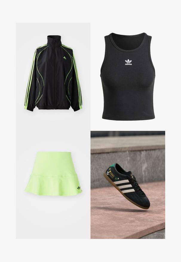 adidas Originals TEAMGEIST ADICOLOR - Chaqueta de entretiempo - black/signal green; Top de tanque negro con ribetes y escote redondo, que presenta un logo de Adidas en blanco en el pecho. El material parece suave y flexible.; adidas Originals SKIRT - Minifalda - signal green; Zapatilla deportiva negra con rayas blancas, parte superior con estampado que presenta detalles florales y un talón verde. Suela de goma que proporciona tracción.