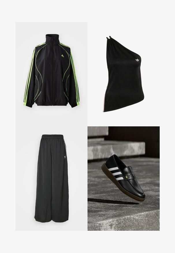 adidas Originals TEAMGEIST ADICOLOR - Ľahká bunda - black/signal green; Čierny top na jedno rameno vyrobený z mäkkej, hladkej látky s jemným geometrickým vzorom a malým bielym logom na hrudi.; Čierne široké tréningové nohavice vyrobené z hladkej látky. Obsahujú elastický pás a bočné pruhy s logom.; Čierny kožený mokasín s bielymi pruhmi a hnedou podrážkou, umiestnený nad betónovými schodmi, ktoré vrhajú tieň na zem.