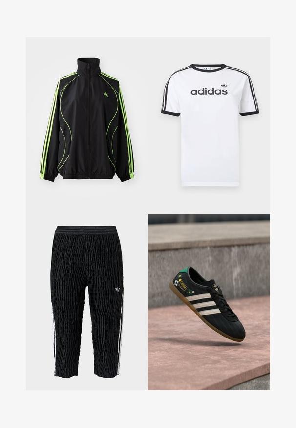 adidas Originals TEAMGEIST ADICOLOR - Ľahká bunda - black/signal green; Biele bavlnené tričko s čiernymi akcentmi, so zapínaním okolo krku, krátkymi rukávmi, tromi čiernymi pruhmi na ramenách a čiernym logom „adidas“.; Čierne teplákové nohavice Adidas s textúrou, elastickým pásom, bielymi bočnými pruhmi a malým bielym logom Adidas na stehne, so skrátenou dĺžkou.; Čierna športová obuv s bielymi pruhmi, vzorovaným zvrškom, zdobená kvetinovými prvkami a zelenou pätou. Gumená podrážka zabezpečuje priľnavosť.