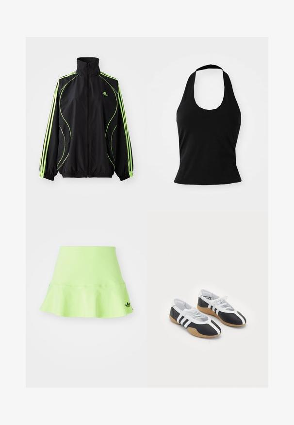 adidas Originals TEAMGEIST ADICOLOR - Overgangsjakke - black/signal green; Sort halterneck top lavet af blød stof, med en scoop halsudskæring og en tætsiddende silhuet, med en glat tekstur og uden synlige mønstre.; adidas Originals SKIRT - Mini skirts - signal green; Sort-hvide sportsko med et slankt design, gummisål, snørebåndslukning og tre hvide striber på siden.
