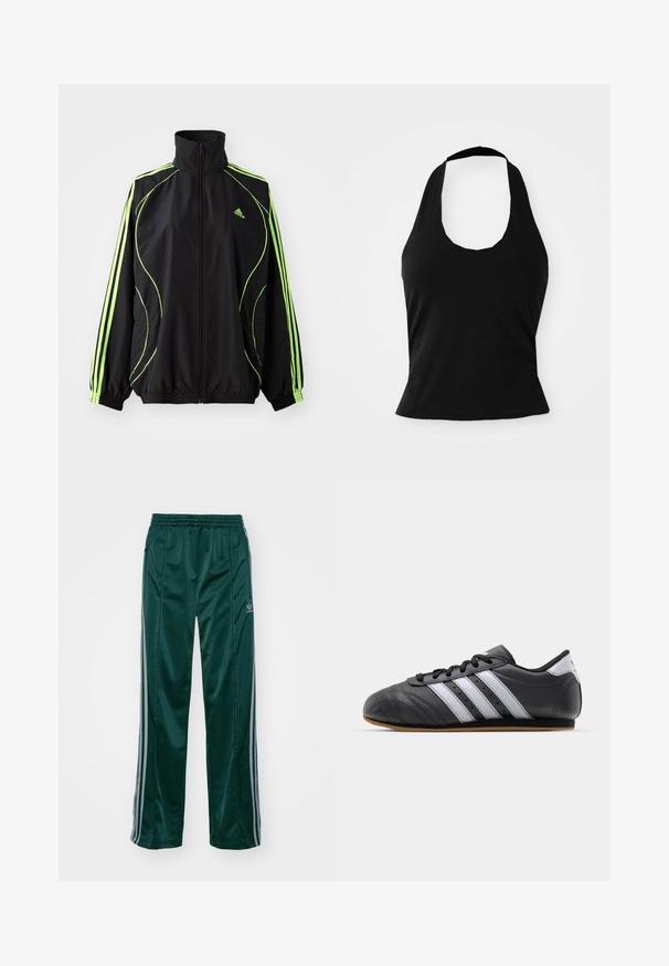 adidas Originals TEAMGEIST ADICOLOR - Ľahká bunda - black/signal green; Čierny top na viazanie za krk vyrobený z jemnej tkaniny, s výstrihom vo forme lulky a priliehavým strihom, hladkej textúry a bez viditeľných vzorov.; Tmavozelené športové nohavice vyrobené z lesklého materiálu, s bočnými pruhmi v svetlošedej farbe a vyšitým logom na ľavom stehne.; Čierne kožené športové topánky s bielymi pruhmi, okrúly špička, plochá podrážka a šnurovanie. Obsahujú perforácie pre lepšiu priedušnosť.