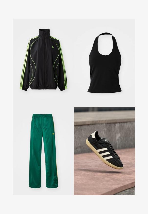 adidas Originals TEAMGEIST ADICOLOR - Ľahká bunda - black/signal green; Čierny top na viazanie za krk vyrobený z jemnej tkaniny, s výstrihom vo forme lulky a priliehavým strihom, hladkej textúry a bez viditeľných vzorov.; Zelené saténové športové nohavice s voľným strihom, s žltými pruhmi a vyšitým logom na ľavej strane. Elastický pás.; Čierna teniska Adidas s bielymi pruhmi a béžovou podrážkou, zachytená vo vzduchu nad kamenným povrchom a kamennou stenou v pozadí.