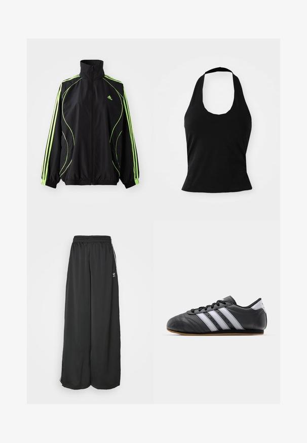 adidas Originals TEAMGEIST ADICOLOR - Übergangsjacke - black/signal green; Schwarzes Halftertop aus weichem Stoff, mit einem U-Bootausschnitt und einer figurschmeichelnden Silhouette, glatter Textur und ohne sichtbare Muster.; Schwarze, locker sitzende Jogginghosen aus glattem Material. Mit elastischem Bund und seitlichen Streifen mit Logo-Akzenten.; Schwarzer Sportschuh aus Leder mit weißen Streifen, runder Spitze, flacher Sohle und Schnürverschluss. Besitzt Perforationen für Atmungsaktivität.