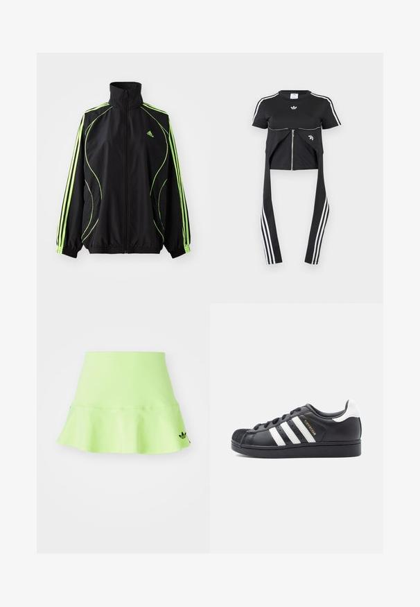 adidas Originals TEAMGEIST ADICOLOR - Jas - black/signal green; Zwart kort mouwtopje met witte Adidas-strepen op de mouwen, ritssluiting aan de voorkant en langere stofpanelen die naar beneden hangen met drie witte strepen.; adidas Originals SKIRT - Minirok - signal green; Zwarte leren sneaker met wit drie-strepen ontwerp, rubberen zool en gestructureerde neuskap. Heeft gouden merkopdruk aan de zijkant.