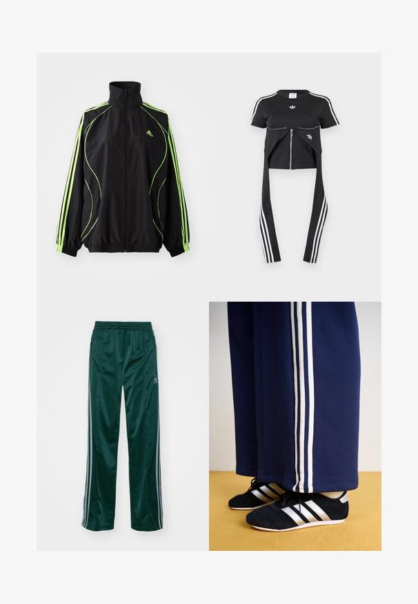 adidas Originals TEAMGEIST ADICOLOR - Jas - black/signal green; Zwart kort mouwtopje met witte Adidas-strepen op de mouwen, ritssluiting aan de voorkant en langere stofpanelen die naar beneden hangen met drie witte strepen.; Donkergroene sportbroeken van glanzend materiaal, met zijstrepens in lichtgrijs en een geborduurd logo op het linkerbeen.; Marineblauwe trainingsbroek met drie witte verticale strepen en zwarte sportschoenen met zilveren strepen en een gestructureerd oppervlak. Gele vloer.