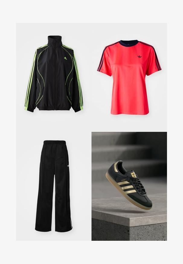 adidas Originals TEAMGEIST ADICOLOR - Overgangsjakke - black/signal green; Rød sports t-shirt med korte ærmer, der har lodrette striber, en marineblå rund hals og et lille sort logo på forsiden.; Sorte brede træningsbukser med elastisk talje, prydet med hvide side-striber og et lille logo på venstre hofte. Glat stofstruktur.; Sort Adidas Samba-sneaker med gulstriber og gummisål, der svæver over en betongflade med slørede trapper i baggrunden.