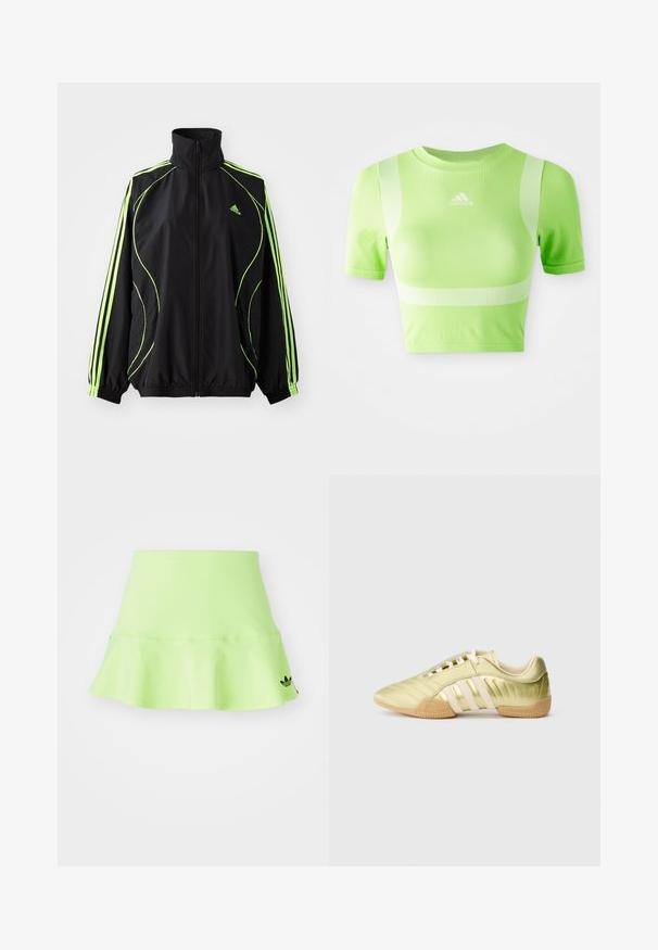 adidas Originals TEAMGEIST ADICOLOR - Ľahká bunda - black/signal green; Zkrátené atletické tričko v jasne zelenej farbe. Má krátke rukávy, okrúhly výstrih a biely diagonálny pruhový vzor na pleciach. Logo adidas na prednej strane.; adidas Originals SKIRT - Minisukňa - signal green; Syntetická športová obuv v limetkovo zelenej farbe s hladkým povrchom, vybavená tromi bielymi pruhmi, mäkkou vnútornou výstelkou a texturovanou gumovou podrážkou.