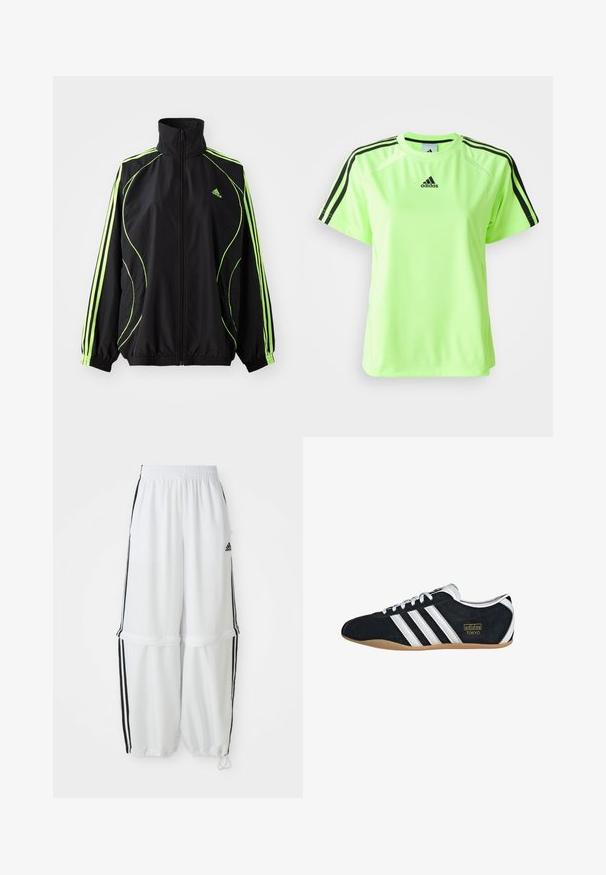 adidas Originals TEAMGEIST ADICOLOR - Veste mi-saison - black/signal green; T-shirt de sport vert fluo en tissu évacuant l'humidité. Comprend un design à trois rayures noires sur les épaules et un logo centré sur la poitrine.; Pantalons de sport blancs avec une coupe décontractée, une taille élastique et des rayures noires sur les côtés. Équipés de poches avec fermeture éclair et de poignets élastiques aux chevilles.; Sneakers en suede noir avec trois bandes blanches, logo doré et semelle en caoutchouc marron. Présente un design à lacets à profil bas.