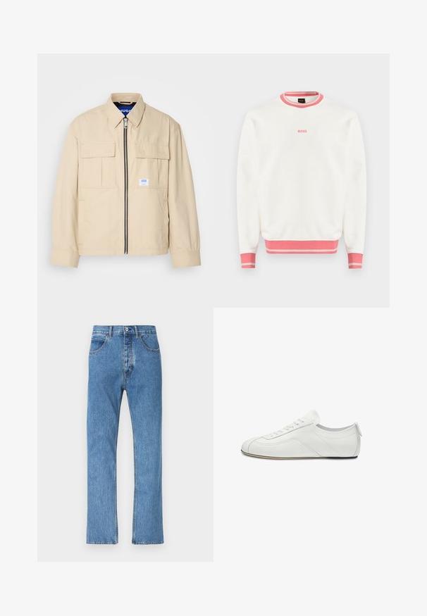 Beige jas met een voorkleurige rits, twee borstzakken en een klein merkembleem. Gemaakt van een gladde, lichtgewicht stof.; Witte sweatshirt met lange mouwen, voorzien van een roze geribde kraag, manchetten en zoom, met een klein roze "BOSS"-logo in het midden op de borst.; Blauwe spijkerbroek met rechte pijpen, voorzien van vijf zakken, een knoop- en ritssluiting, en subtiele vervaging langs de stof.; Witte lage leren sneaker met vetersluiting aan de voorkant, subtiele stiksel details en een platte, dunne zool, zijaanzicht.