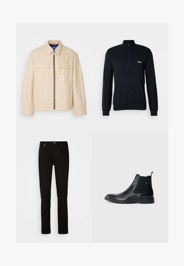 Beige jas met een voorkleurige rits, twee borstzakken en een klein merkembleem. Gemaakt van een gladde, lichtgewicht stof.; Marine pullover met een hoge kraag en een halve rits. Het materiaal is zacht met een gestructureerde afwerking. Heeft een klein wit "BOSS" logo op de borst.; Zwarte rechtvallende spijkerbroek met knoop- en ritssluiting aan de voorkant, voor- en achterzakken, getoond op een effen lichte achtergrond.; Zwarte leren Chelsea-boots met elastische zijpanelen, een treklipje en een vlakke rubberen zool. Gladde textuur met minimale details.