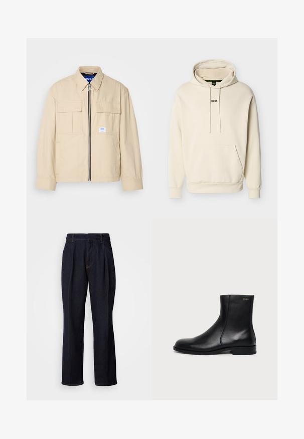 Veste beige avec fermeture éclair à l'avant, deux poches poitrine et une petite étiquette de marque. Fabriquée en tissu lisse et léger.; Sweat à capuche couleur crème avec une poche avant, des cordons ajustables et le logo "BOSS" brodé en noir sur la poitrine. Matière douce.; Jean en denim large à jambes bleues foncées avec des plis devant et des coutures orange, présenté sur fond blanc.; Bottine en cuir noir à talon bas, couture latérale et petit logo "HUGO" sur le revers supérieur sur un fond uni.