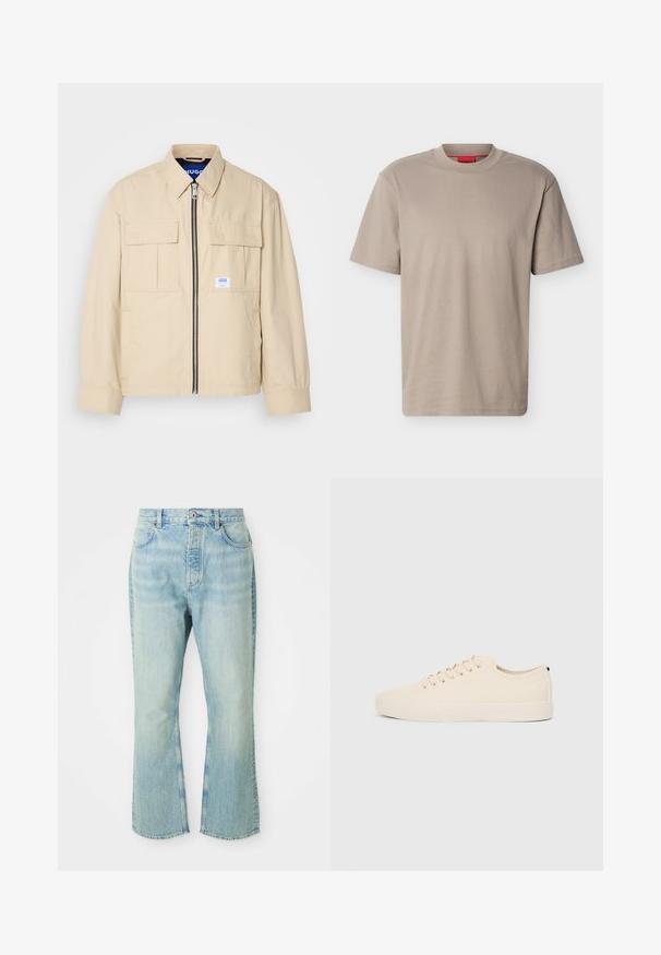 Veste beige avec fermeture éclair à l'avant, deux poches poitrine et une petite étiquette de marque. Fabriquée en tissu lisse et léger.; T-shirt beige à manches courtes et col rond avec un logo "HUGO" subtilement embossé sur la poitrine et une étiquette rouge à l'intérieur de l'encolure.; Jeans évasés en denim bleu clair avec une taille haute, dotés de cinq poches, de passants de ceinture et d'une texture délavée.; Baskets en toile beige avec bout arrondi, semelle en caoutchouc plate et lacets à l'avant. Présente un design minimaliste et un accent noir contrastant au niveau du talon.