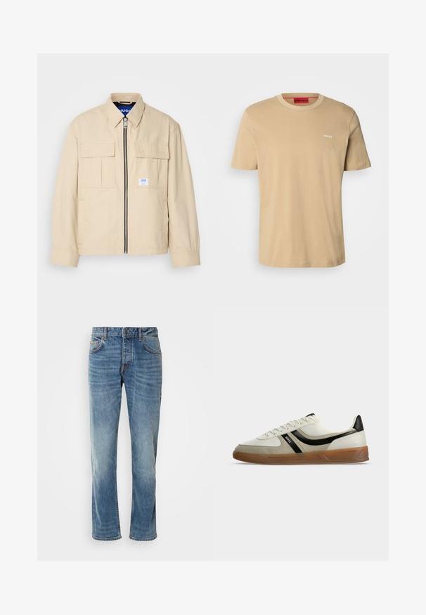 Veste beige avec fermeture éclair à l'avant, deux poches poitrine et une petite étiquette de marque. Fabriquée en tissu lisse et léger.; T-shirt en coton beige avec un col rond, des manches courtes et un petit logo blanc "HUGO" sur la poitrine. Texture lisse sans motifs.; Jean en denim bleu clair avec des jambes droites, cinq poches, des coutures contrastantes et une finition délavée. Dispose d'un bouton et d'un zip pour le maintien.; Baskets basses blanches et beiges avec détail de rayure noire, semelle en caoutchouc marron et logo BOSS sur le côté, photographiées sur fond blanc.
