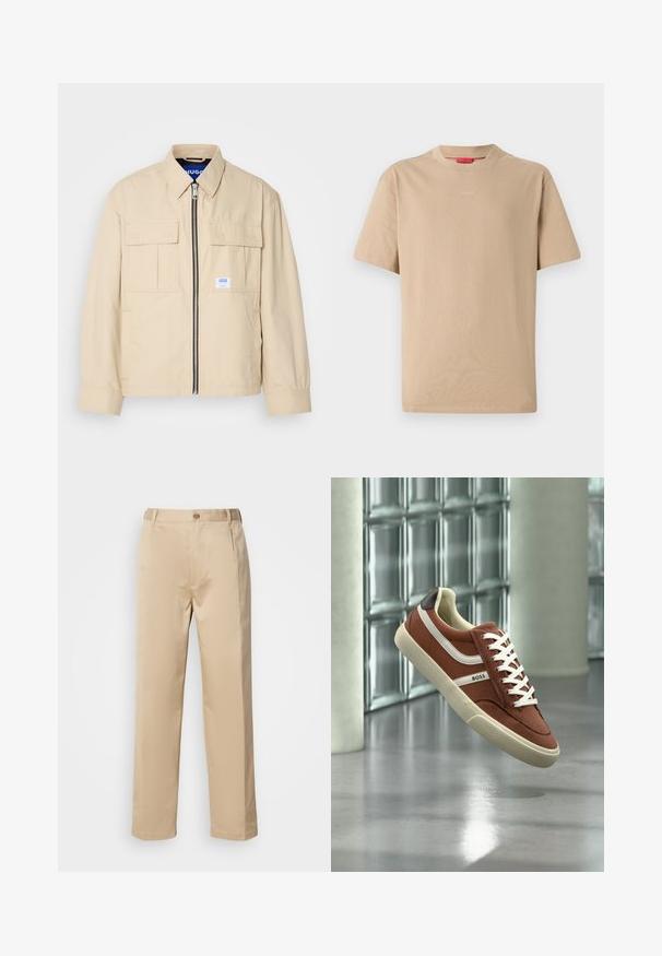 Veste beige avec fermeture éclair à l'avant, deux poches poitrine et une petite étiquette de marque. Fabriquée en tissu lisse et léger.; T-shirt en coton beige à manches courtes, col rond, avec un logo "HUGO" discret au centre. Texture lisse, coupe décontractée.; Pantalons beiges en tissu léger, avec une coupe droite, une taille avec passants de ceinture et une fermeture à bouton sur le devant.; Baskets basses marron et blanches avec lacets blancs et logo "BOSS", exposées devant un mur moderne en blocs de verre et un sol poli.