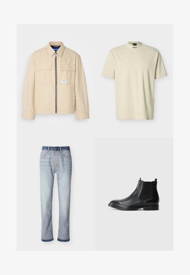 Beige jakke med lynlås foran, to brystlommer og en lille brandingetiket. Fremstillet af et glat, let materiale.; Beige T-shirt med korte ærmer, høj rund hals og "BOSS" tekst trykt på kragens forside.; Lyseblå denimjeans med mørkeblå linning, design med lige ben, fem lommer og synlige syningsdetaljer.; Sorte læder Chelsea støvler med elastiske sidepaneler, rund tå, trækstrop og en lav blokhæl. Glat tekstur og minimalistisk design.