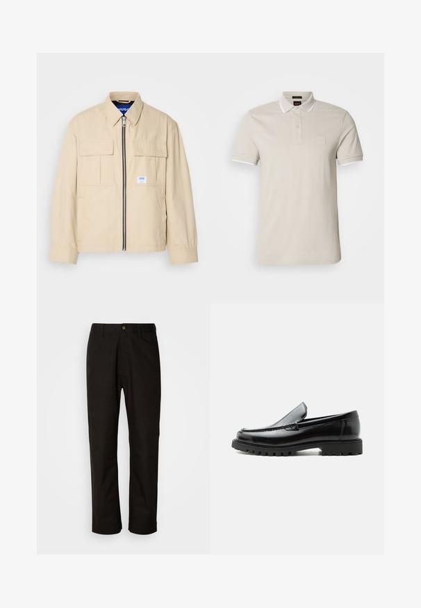 Beige jakke med lynlås foran, to brystlommer og en lille brandingetiket. Fremstillet af et glat, let materiale.; Beige poloshirt i bomuld med hvid krave, korte ærmer og en tekstureret logo-patch på brystet.; Sorte bomuldsbukser med lige pasform, bæltestropper, lynlås foran og en enkelt knappelukning. Glat tekstur uden synlige mønstre.; Sort læderloafer med chunky gummisål, syet overdel og præget mærkenavn på hælen, vist i sideprofil på hvid baggrund.
