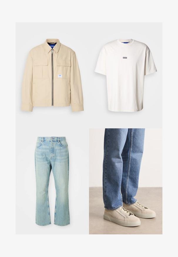 Beige jakke med lynlås foran, to brystlommer og en lille brandingetiket. Fremstillet af et glat, let materiale.; Hvid bomulds t-shirt med rund hals og korte ærmer, med et lille sort rektangulært logo med teksten "HUGO" på brystet.; Lysblå denim flared jeans med høj talje, der har fem lommer, bæltestropper og en toned vævning.; BOSS GARYTENN_SDHDEL - Sneakers - natural ten