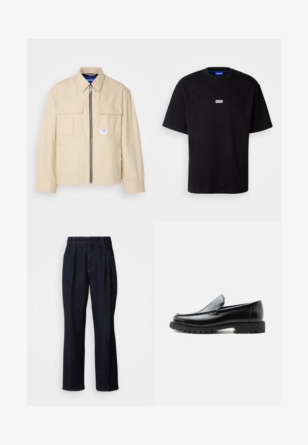 Beige jakke med lynlås foran, to brystlommer og en lille brandingetiket. Fremstillet af et glat, let materiale.; Sort bomulds t-shirt med rund hals, korte ærmer og et hvidt rektangulært "HUGO" logo på brystet. Glat overflade, afslappet pasform.; Mørkeblå vidde denim jeans med frontfældninger og orange syninger, vist på hvid baggrund.; Sort læderloafer med chunky gummisål, syet overdel og præget mærkenavn på hælen, vist i sideprofil på hvid baggrund.
