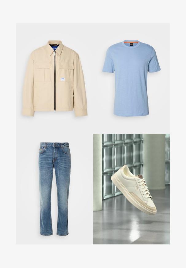 Beige jakke med lynlås foran, to brystlommer og en lille brandingetiket. Fremstillet af et glat, let materiale.; Lyseblå t-shirt med korte ærmer lavet af blødt materiale. Har en rund halsudskæring og et subtilt præget logo på brystet.; Lyseblå denimbukser med lige ben, fem lommer, kontrasterende syninger og en falmet finish. Har en knap- og lynlåsåbning.; Hvid lavtop sneaksko med beige accenter og snørebånd, mærket "BOSS", svæver over en poleret gulv med en glasblokvæg i baggrunden.