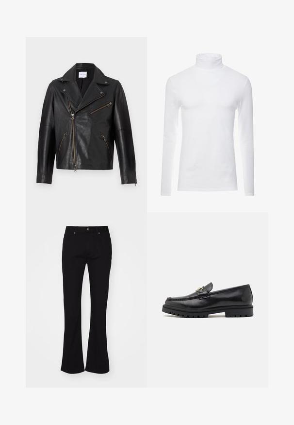 Veste de moto en cuir noir avec un col cranté, fermeture éclair asymétrique à l'avant et plusieurs poches zippées. Surface texturée et coupe ajustée.; Chemise à col roulé à manches longues blanche en tissu doux et extensible. Présente un col haut et une coupe ajustée, offrant une silhouette épurée.; Jean flare noir taille haute avec bouton frontal et design à cinq poches, présenté sur un fond blanc.; Mocassins en cuir noir avec une finition lisse, bout rond, une sangle décorative avec des accessoires en or, et une semelle noire robuste.