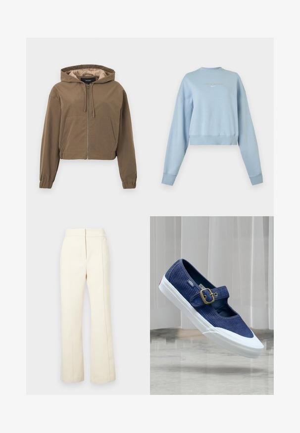 Brun cropped hoodie med lynlås foran, snørrelseshætte, elastiske manchetter og en kængurulomme. Glat stof med mat finish.; Lyseblå cropped sweatshirt med lange ærmer og lille Nike Swoosh-logo centreret på brystet.; Cremefarvede bukser med bred bendesign, elastisk talje og subtile sidesømme. Har et lille logo i det nederste frontområde.; Marineblå corduroy Vans Mary Jane-sneaker med hvid gummisål og guldfarvet spænde, der svæver over marmorgulv.