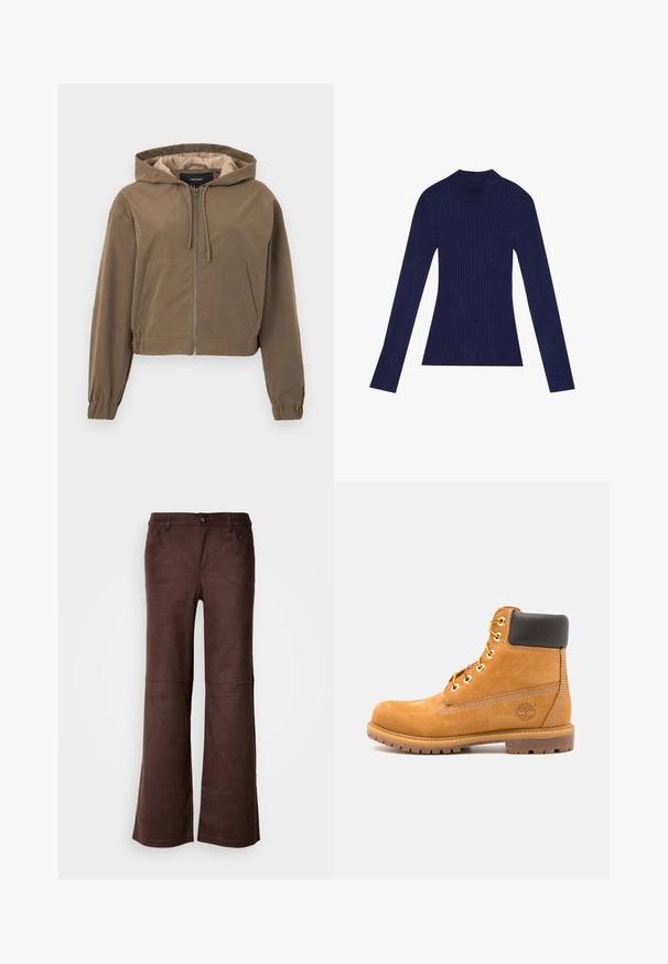 Brun cropped hoodie med lynlås foran, snørrelseshætte, elastiske manchetter og en kængurulomme. Glat stof med mat finish.; Marineblå rillede turtleneck sweater med lange ærmer. Har et tætsiddende design og en blød tekstur. Lavet af et strækbart materiale.; Brune flagrende bukser i et blødt, suede-lignende stof. Har fire lommer, en knaplukning og en glat, tekstureret overflade.; Brune læder ankelstøvle med sort polstring, gyldne øsken og en tekstureret sål. Har et cirkulært logo på siden og synlige syninger.