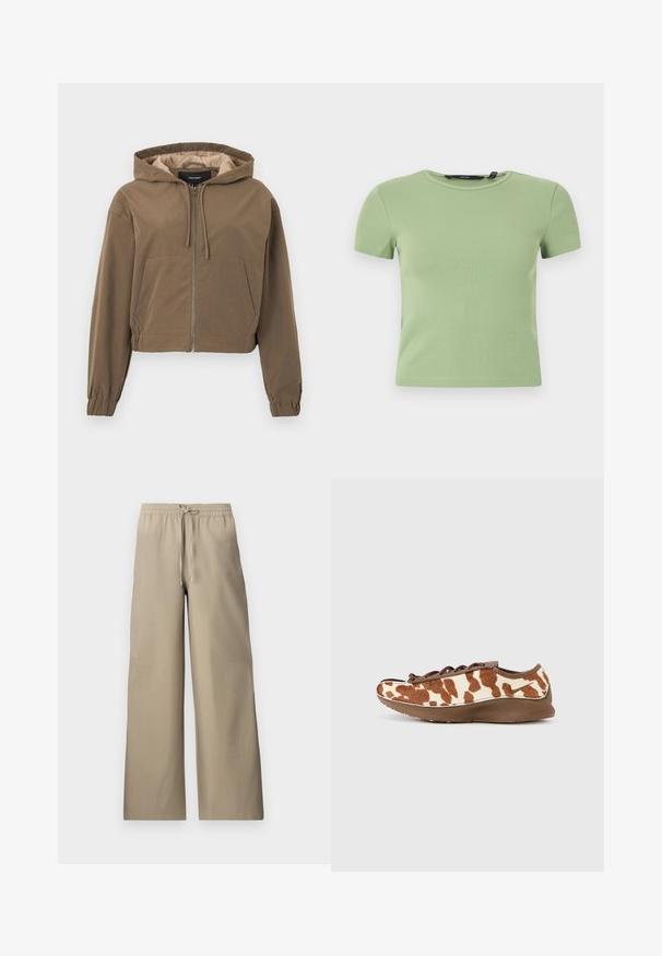Καφέ cropped hoodie με μπροστινό φερμουάρ, κουκούλα με κορδόνι, ελαστικές μανσέτες και τσέπη καγκουρό. Λείο ύφασμα με ματ φινίρισμα.; Φωτεινό πράσινο ριπ κοντομάνικο crop top με στρογγυλή λαιμόκοψη και εφαρμοστή γραμμή σε λευκό φόντο.; Μπεζ παντελόνια με φαρδιά κοπή, ελαστική μέση και κορδόνι, με λεία υφή υφάσματος και πλευρικές τσέπες.; Καφέ και κρεμ αθλητικό παπούτσι με απαλή, υφή επιφάνεια και λείο καφέ πάτο. Διαθέτει σχέδιο με κορδόνια και διακριτική σήμανση.