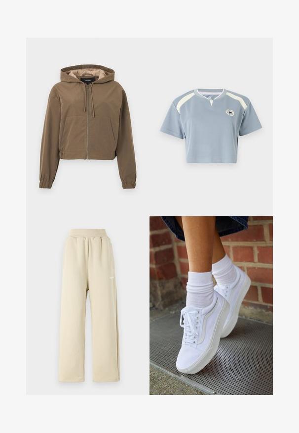 Brun cropped hoodie med lynlås foran, snørrelseshætte, elastiske manchetter og en kængurulomme. Glat stof med mat finish.; Afskåret T-shirt i lyseblåt stof med korte ærmer. Har cremefarvede detaljer og et cirkulært logo på brystet. Rund halsudskæring.; Beige brede sweatpants lavet af blødt stof, med elastisk talje, sidelommer og lille broderet logo detaljer.; Hvide lærreds sneakers med gummisåler, der har seks snørehuller, rund tå og let sømdetaljer, krydret med hvide ankelstrømper.