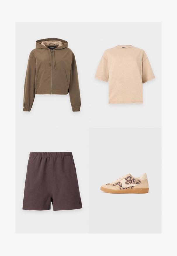 Brun cropped hoodie med lynlås foran, snørrelseshætte, elastiske manchetter og en kængurulomme. Glat stof med mat finish.; Beige oversized kortærmet T-shirt med rund hals, vist på en ensfarvet hvid baggrund.; Mørkebrune shorts lavet af tekstureret, vævet stof. Har en elastisk talje og en lille logo accent på nederste højre side.; Leopardprint sneakers med beige ruskindsoverdel, tan gummisål og hvide detaljer. Rund pegefinger og snørebåndsdesign med en tekstureret finish.