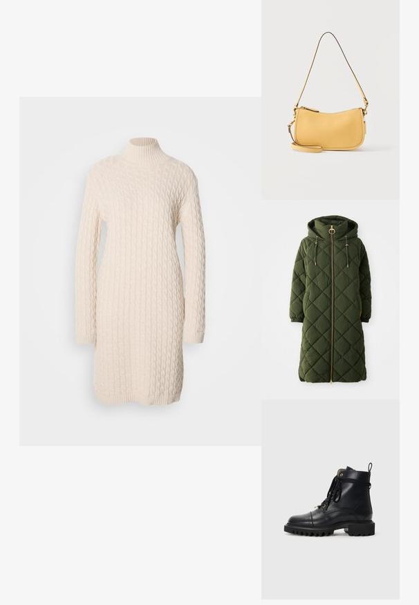 Lang, olijfgroene gewatteerde jas met een capuchon, front-rits, gouden hardware accenten, trekkoorden en elastische manchetten. Diamantpatroon textuur.; Gebreide jurk in off-white met geribbelde col, lange mouwen en kabelbreisel. Heeft een iets relaxte pasvorm met een ronde zoom.; Zwarte leren enklaars met een ronde neus, stevige rubberen zool, veters en een treksoor; heeft gouden oogjes en gestikte details.; Gele leren schoudertas met gebogen bovenrits en smalle verstelbare riem, minimalistisch ontwerp op effen achtergrond.