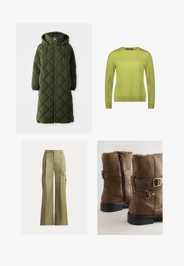 Lang, olijfgroene gewatteerde jas met een capuchon, front-rits, gouden hardware accenten, trekkoorden en elastische manchetten. Diamantpatroon textuur.; Limoengroen sweater met een ronde halslijn, lange mouwen, ribgebreide manchetten en een aangesloten zoom. Gemaakt van een gladde, gebreide stof.; Khaki cargobroek met wijde pijpen, hoge taille, knoop- en ritssluiting en klepzakken aan beide zijden.; Bruine leren enkellaarsjes met ritsluiting, zachte voering van bont, decoratieve riem met gesp en een stevige zwarte rubberen zool.