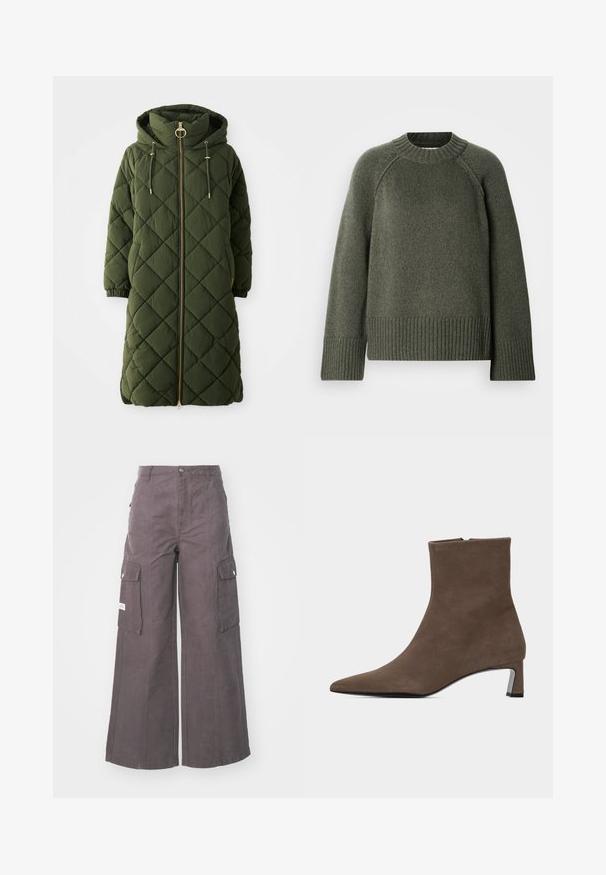 Lang, olijfgroene gewatteerde jas met een capuchon, front-rits, gouden hardware accenten, trekkoorden en elastische manchetten. Diamantpatroon textuur.; Groene gebreide trui met een ronde hals, raglanmouwen en geribbelde zoom en manchetten. Gemaakt van een zacht, gestructureerd materiaal.; Grijze wijde cargobroek van stevig materiaal, met vier grote zakken, een sluiting met knoop aan de voorkant en een relaxte pasvorm.; Bruine suède enkellaars met spits toelopende neus, zijrits en lage blokhak op een effen lichte achtergrond.