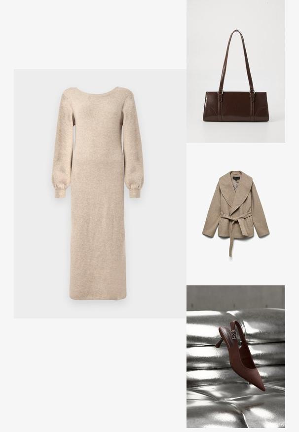 Veste enveloppante beige en tissu doux, avec un grand col, des poches latérales et une ceinture assortie à la taille. Fini texturé.; Robe tricotée longue beige avec un décolleté rond, des manches bouffantes longues et une silhouette droite, avec des poignets côtelés aux extrémités des manches.; Chaussure slingback pointue marron avec talon bas et bride à boucle reposant sur une surface capitonnée argentée métallique brillante.; Sac à main en cuir verni marron de forme rectangulaire, avec deux longues poignées et des accents courbés subtils à l'avant.