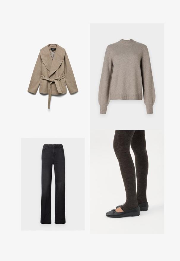 Beige indpakningsjakke lavet af blødt stof, med en stor krave, sidelommer og et matchende bælte omkring taljen. Teksturfinish.; Beige striktrøje med ribbet høj hals, lange puffærmer samt ribbede manchetter og kant på en hvid baggrund.; Sorte denim straight-leg jeans med høj talje, fem-lomme design og synlig syning. Glat tekstur med en let falmet finish.; Ben iført mørke ribbede leggings kombineret med sorte balletsko med små sløjfedetaljer på hvid baggrund.