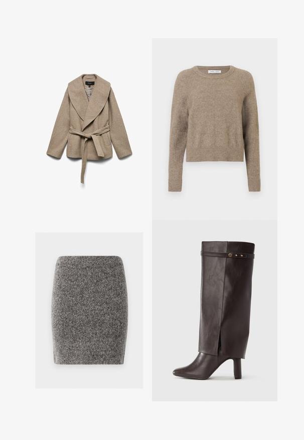Beige indpakningsjakke lavet af blødt stof, med en stor krave, sidelommer og et matchende bælte omkring taljen. Teksturfinish.; Beige crew-neck sweater lavet af blødt stof. Har ribbede manchetter og kant, med et let cropped design og minimal tekstur.; Grå, tætsiddende mini nederdel lavet af struktureret stof. Glatte sømme uden synlige lukninger. Enkelt, uden pyntedesign.; Brun læder knælang støvle med spids tå, blokhæl og en ombukket top, sikret med en dekorativ rem med gyldne accenter.