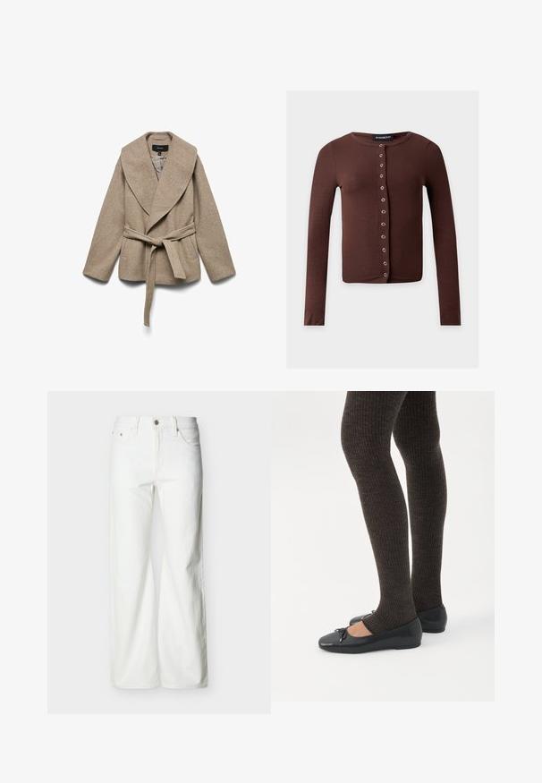 Beige indpakningsjakke lavet af blødt stof, med en stor krave, sidelommer og et matchende bælte omkring taljen. Teksturfinish.; Brun langærmet cropped cardigan med rund halsudskæring og en lodret række af sølvfarvede trykknapper foran.; Hvide jeans med høj talje og lige ben, med forreste knap, lynlåslukning samt sidelommer og baglommer, mod en ensartet lys baggrund.; Ben iført mørke ribbede leggings kombineret med sorte balletsko med små sløjfedetaljer på hvid baggrund.