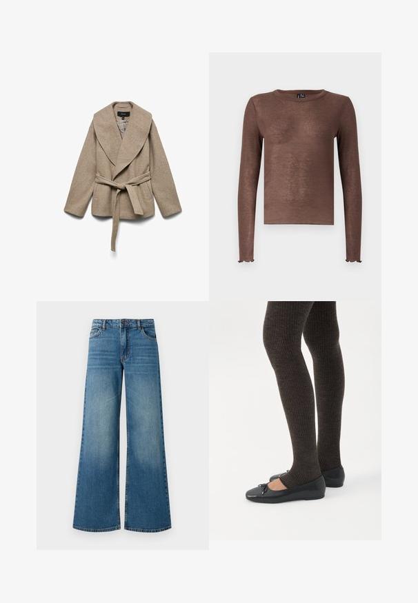 Beige indpakningsjakke lavet af blødt stof, med en stor krave, sidelommer og et matchende bælte omkring taljen. Teksturfinish.; Brun langærmet top med rund halsudskæring, lavet af et blødt, let gennemsigtigt materiale. Har flæsekantede manchetter og en lige kant.; Bredde ben blå denimjeans med en falmet finish, fem-lomme design og standard talje med metalknap og lynlåslukning.; Ben iført mørke ribbede leggings kombineret med sorte balletsko med små sløjfedetaljer på hvid baggrund.