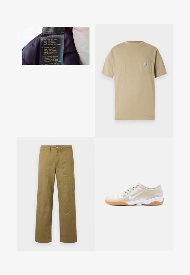 Étiquette sur un tissu violet, indiquant les matériaux : coque 100 % nylon, doublure 100 % nylon, rembourrage 100 % polyester, capuche 75 % coton, 25 % polyester.; T-shirt beige à manches courtes en coton, doté d'une poche poitrine gauche avec un écusson logo. Col rond classique avec une coupe régulière.; Pantalon kaki à jambe droite avec des détails de coutures visibles, des passants de ceinture, une fermeture par bouton à l'avant, et des panneaux en forme de patchs aux genoux.; Chaussure de football en salle Nike Total 90 III beige avec swoosh blanc, semelle intermédiaire blanche, semelle extérieure en caoutchouc naturel et lacets beiges, vue de profil.