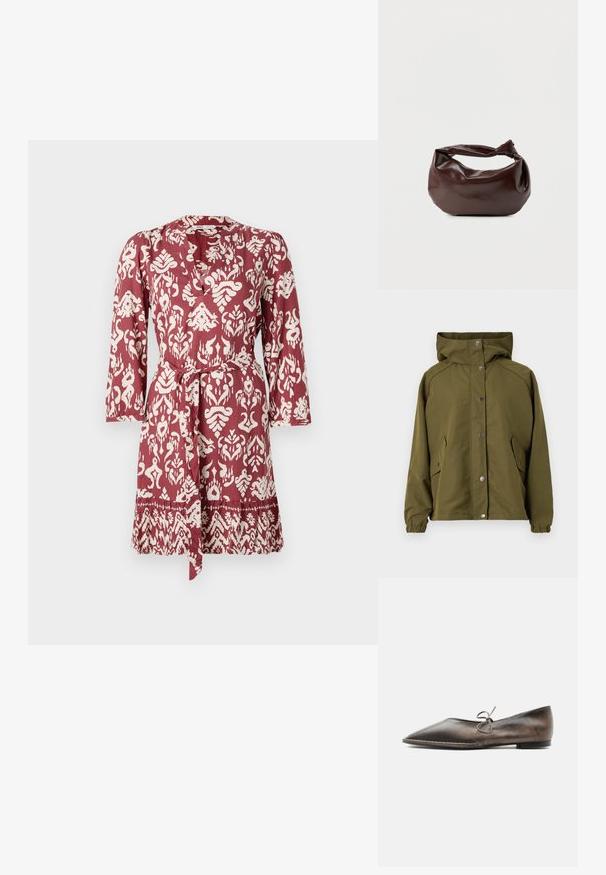 Veste imperméable vert olive avec une capuche, des boutons-pression, des poches latérales, des poignets élastiques et une coupe droite. Texture lisse.; Robe à motifs rouges et blancs avec une taille à nouer, des manches longues et un décolleté en V. Présente un design floral et géométrique complexe.; Chaussure plate en cuir marron à bout pointu avec un petit talon et un petit nœud noué dessus, vue de côté sur fond blanc.; Sac bandoulière en cuir marron foncé avec une forme souple et décontractée et une anse nouée torsadée sur un fond blanc uni.