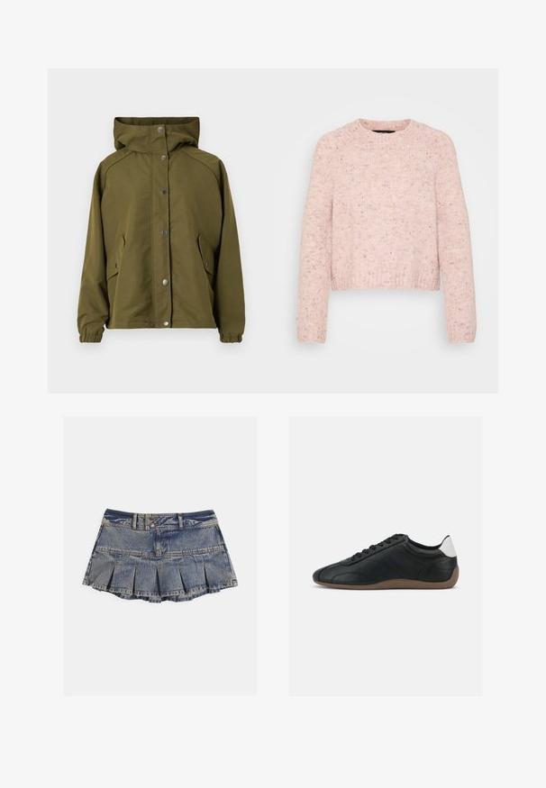 Veste imperméable vert olive avec une capuche, des boutons-pression, des poches latérales, des poignets élastiques et une coupe droite. Texture lisse.; Pull rose clair en maille texturée, avec un col rond et des poignets côtelés, doté d'une taille légèrement courte.; Jupe en denim avec un design plissé, couleur bleu délavé, fermeture à deux boutons et ourlet brut. Comprend un style classique à cinq poches.; Baskets basses en cuir noir avec semelle marron, lacets noirs et patch blanc au talon, présentées sur un fond gris clair uni.