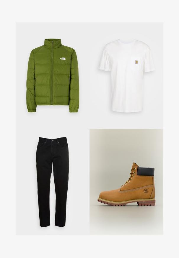 Chaqueta acolchada verde con cuello alto, cremallera completa, dos bolsillos laterales y puños elásticos. Presenta un diseño acolchado y un logo en el pecho.; Camiseta de algodón blanca con mangas cortas, un bolsillo en el pecho y un pequeño parche cuadrado de logo en naranja y blanco en el bolsillo.; Jeans negros ajustados con cierre de botón frontal y diseño de cinco bolsillos, mostrados sobre un fondo gris claro liso.; Bota de tobillo de cuero marrón con cuello negro, cordones amarillos y suela beige. Presenta un logotipo y detalles de costura blanca. Suela exterior con tracción robusta.