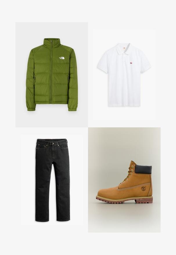 Chaqueta acolchada verde con cuello alto, cremallera completa, dos bolsillos laterales y puños elásticos. Presenta un diseño acolchado y un logo en el pecho.; Polo blanco hecho de algodón. Presenta una tapeta de tres botones, mangas cortas y un pequeño logo rojo de Levi's en el lado izquierdo del pecho.; Jeans de mezclilla negros de pierna recta con cinco bolsillos, trabillas para cinturón y un cierre de botón en la cintura, dispuestas en una superficie plana sobre un fondo blanco.; Bota de tobillo de cuero marrón con cuello negro, cordones amarillos y suela beige. Presenta un logotipo y detalles de costura blanca. Suela exterior con tracción robusta.