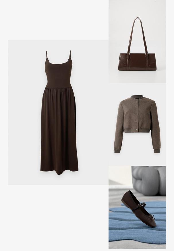 Veste bomber courte marron avec fermeture à boutons-pressions devant, col, poignets et ceinture côtelés, présentée sur fond blanc.; Robe longue marron foncé sans manches avec fines bretelles, corsage ajusté et jupe froncée s'étendant jusqu'aux chevilles.; Chaussure plate Mary Jane marron foncé avec boucle et détail nœud reposant sur un tapis texturé bleu ondulé, et un canapé gris rembourré en arrière-plan.; Sac à main en cuir verni marron de forme rectangulaire, avec deux longues poignées et des accents courbés subtils à l'avant.