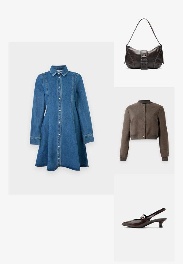 Brun cropped bomberjakke med knapsnaplukning foran, ribbet krave, manchetter og linning, vist på hvid baggrund.; Blå denim kjole med lange ærmer, krave, knaplukning foran og sømdetaljer, der flaner let ved kanten.; Marco Tozzi Pumps - cinnamon; Brun læder skuldertaske med en buet form, der har et fremtrædende spænde, kontrasterende syninger og en enkelt skulderrem.
