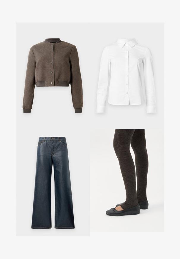 Veste bomber courte marron avec fermeture à boutons-pressions devant, col, poignets et ceinture côtelés, présentée sur fond blanc.; Chemise blanche à manches longues avec boutons, col pointu, ourlet droit et silhouette ajustée, présentée sur un fond clair uni.; Jeans en denim à jambes larges de couleur bleu foncé, dotés de cinq poches, d'une fermeture à bouton à l'avant et de coutures contrastantes le long des coutures.; Jambes portant des leggings côtelés foncés associés à des ballerines noires avec de petits détails en nœud sur fond blanc.