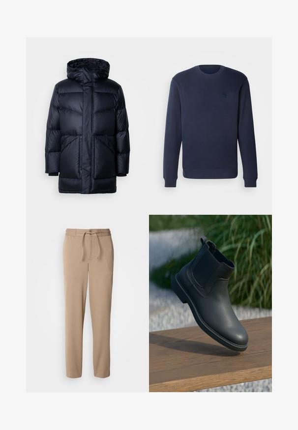Marineblauwe pufferjas met een capuchon, voorritssluiting en twee grote zijzakken. De stof heeft een gladde, glanzende textuur met diagonale stiksels.; Navy blauwe sweatshirt van zachte stof, met een ronde hals, geribbelde mouwen en een klein vierkant logo op de borst.; Beige sweatpants gemaakt van zachte katoen, met een elastische tailleband, trekkoord, slim fit en rechte benen zonder patronen.; Zwarte leren enkellaars met elastische zijkanten, gestructureerde accenten en een rubberen zool; de display heeft een houten oppervlak en groenereien.