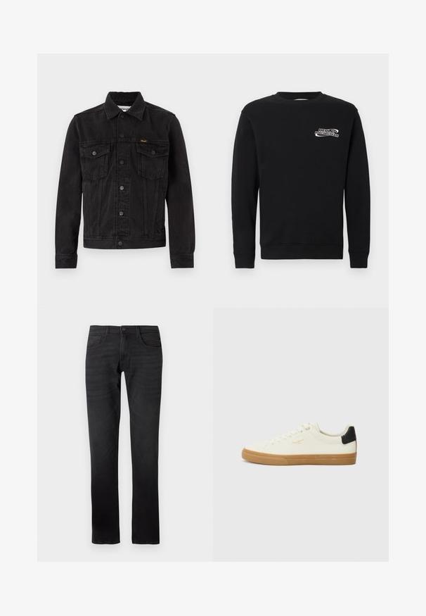 Veste en denim noire avec fermeture à boutons, deux poches poitrine à rabat, col et logo Wrangler sur la poche poitrine gauche.; Sweat-shirt noir en mélange de coton, avec un col rond et des manches longues. L'avant comporte un logo "REPLAY RACINGTEAM" brodé en blanc.; Jeans en denim noir avec une coupe droite. Les caractéristiques incluent une fermeture à bouton, cinq poches et des détails de coutures visibles.; Sneaker en toile blanche avec une semelle en gomme, accent au talon noir, bout rond et design à lacets. Présente le logo de la marque en doré sur le côté.