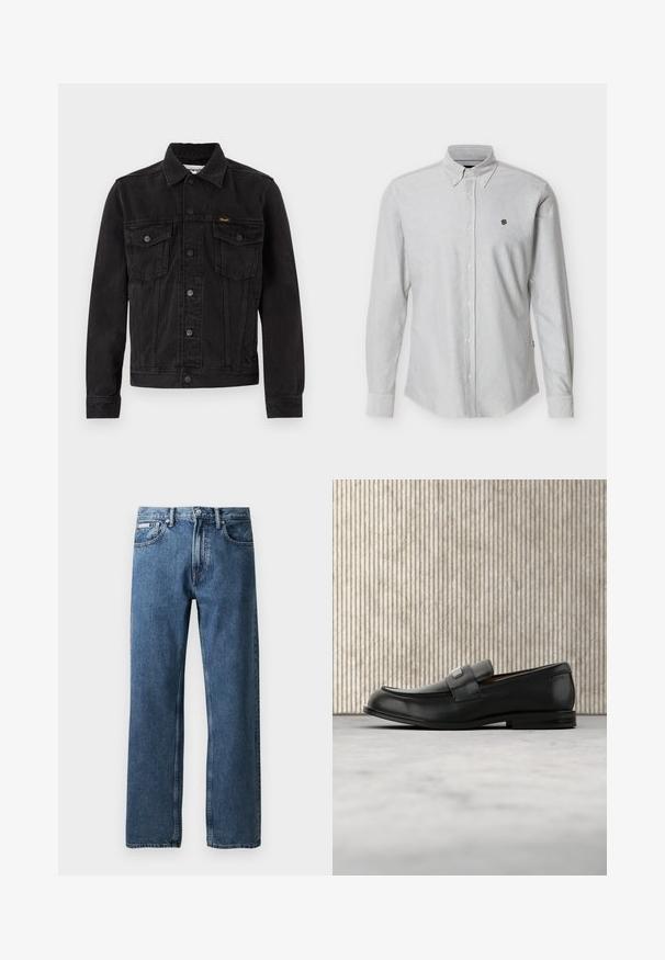 Chaqueta vaquera negra con botones delanteros, dos bolsillos de solapa en el pecho, cuello y logotipo de Wrangler en el bolsillo izquierdo del pecho.; Camisa gris clara con botones y cuello estructurado, que presenta un pequeño logo bordado en el pecho y mangas largas con puños abotonados.; Vaqueros de mezclilla azul de pierna recta con cintura alta, cierre de botón y cremallera, bolsillos frontales y una pequeña etiqueta blanca de la marca en el bolsillo derecho.; Mocasín de cuero negro con una placa metálica de marca apoyado cerca de una mesa redonda marrón sobre un suelo alfombrado beige.